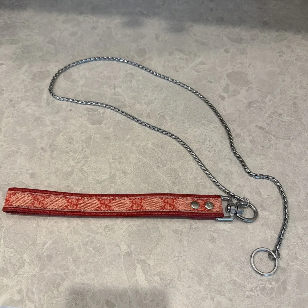 Red Pet Leash With Silver Tone Chain 42 1/2 Inches Long.